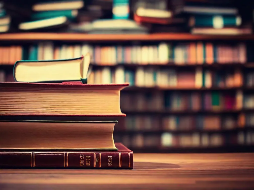Descrição da imagem:
Um close-up de uma pilha de livros, organizados de forma ordenada em uma prateleira de madeira. Os livros variam em tamanho, cor e gênero, mostrando a diversidade da literatura. A iluminação suave destaca a textura das capas dos livros, convidando os leitores a explorar os mundos fascinantes escondidos em suas páginas.