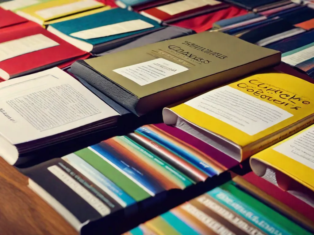 Uma imagem em close-up de uma pilha de livros com lombadas coloridas, cada uma representando um ramo diferente da ciência laboratorial. Os títulos dos livros incluem