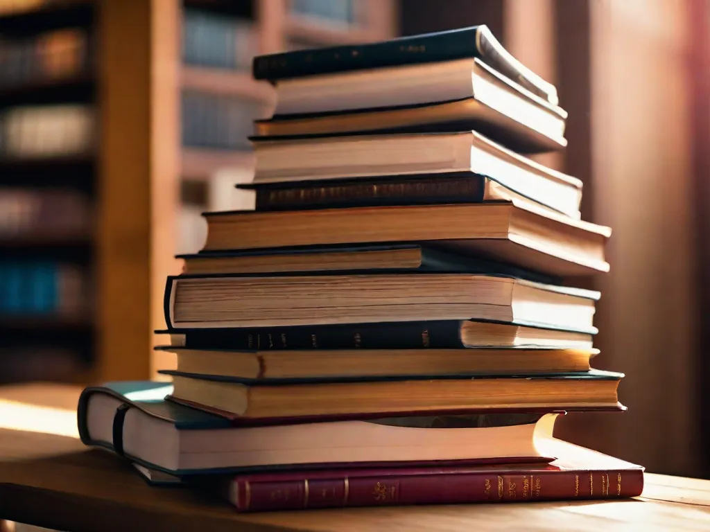 Descrição da imagem: Um close de uma pilha de livros organizados de forma bela e ordenada. Os livros variam em tamanho, cor e gênero, representando o diverso mundo do conhecimento e aprendizado. A luz do sol ilumina suavemente os livros, criando uma atmosfera calorosa e convidativa, instigando os leitores a explorar as vastas maravilhas dentro de suas páginas