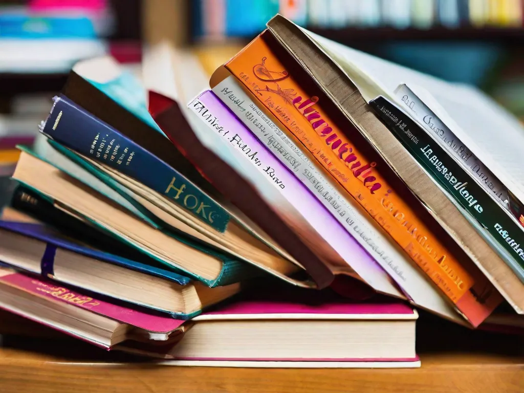 Na imagem, uma pilha de livros está cuidadosamente arrumada em uma mesa de madeira. Os livros variam em tamanho e cor, representando o mundo diversificado da literatura. Um par de óculos de leitura repousa no topo, convidando os leitores a se aprofundarem nas histórias encantadoras que aguardam dentro dessas páginas.
