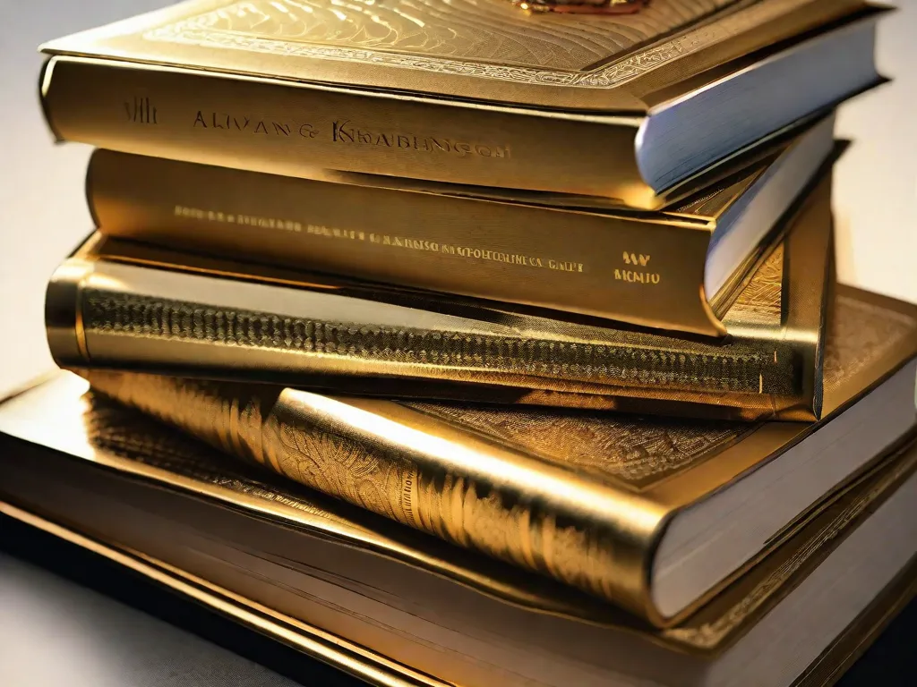 Descrição da imagem: Uma fotografia em close-up de um livro encadernado em couro, com detalhes intrincados em folha de ouro na capa. O livro está aberto, revelando uma página preenchida com caligrafia elegante, mostrando a beleza atemporal da literatura. A iluminação suave lança sombras suaves, adicionando um toque de mistério e fascínio à cena