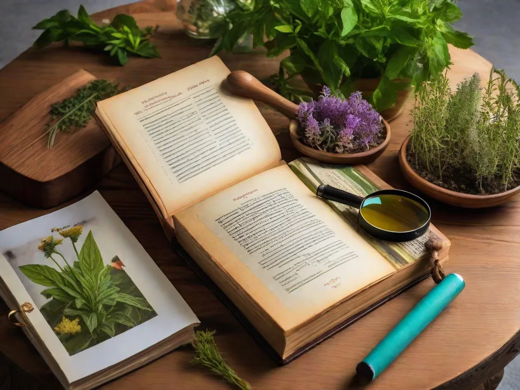 Descrição da imagem: Uma fotografia em close-up de uma mesa de madeira cheia de vários livros sobre ervas medicinais. Os livros estão abertos, revelando ilustrações coloridas e descrições detalhadas de diferentes ervas. Uma lupa está ao lado dos livros, enfatizando a importância da pesquisa e do conhecimento quando se trata de usar ervas medicinais para fins de cura.