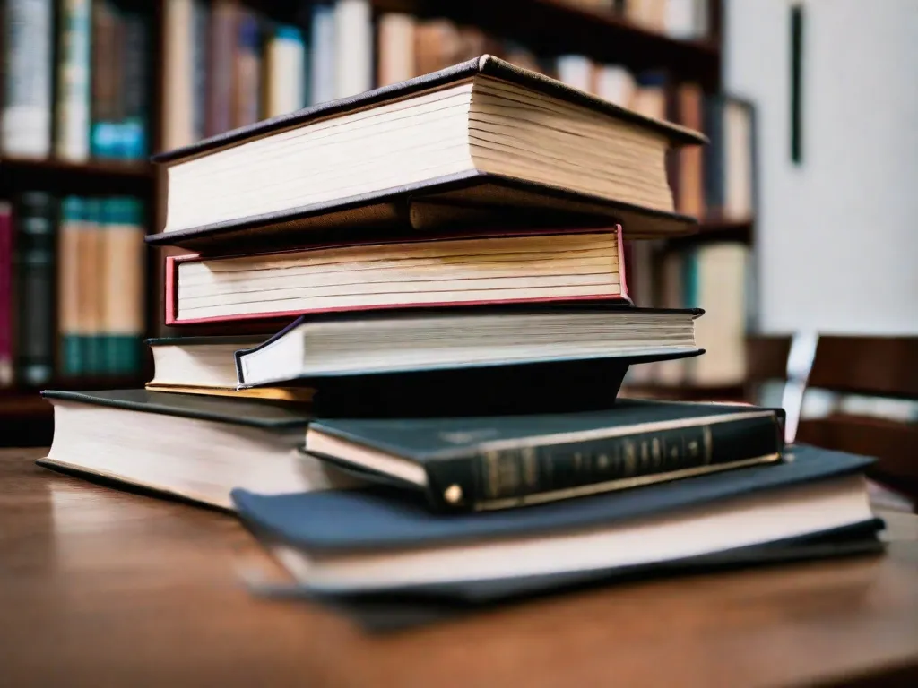 Descrição da imagem: Uma fotografia em close-up de uma pilha de livros em cima de uma mesa de madeira. Os livros incluem