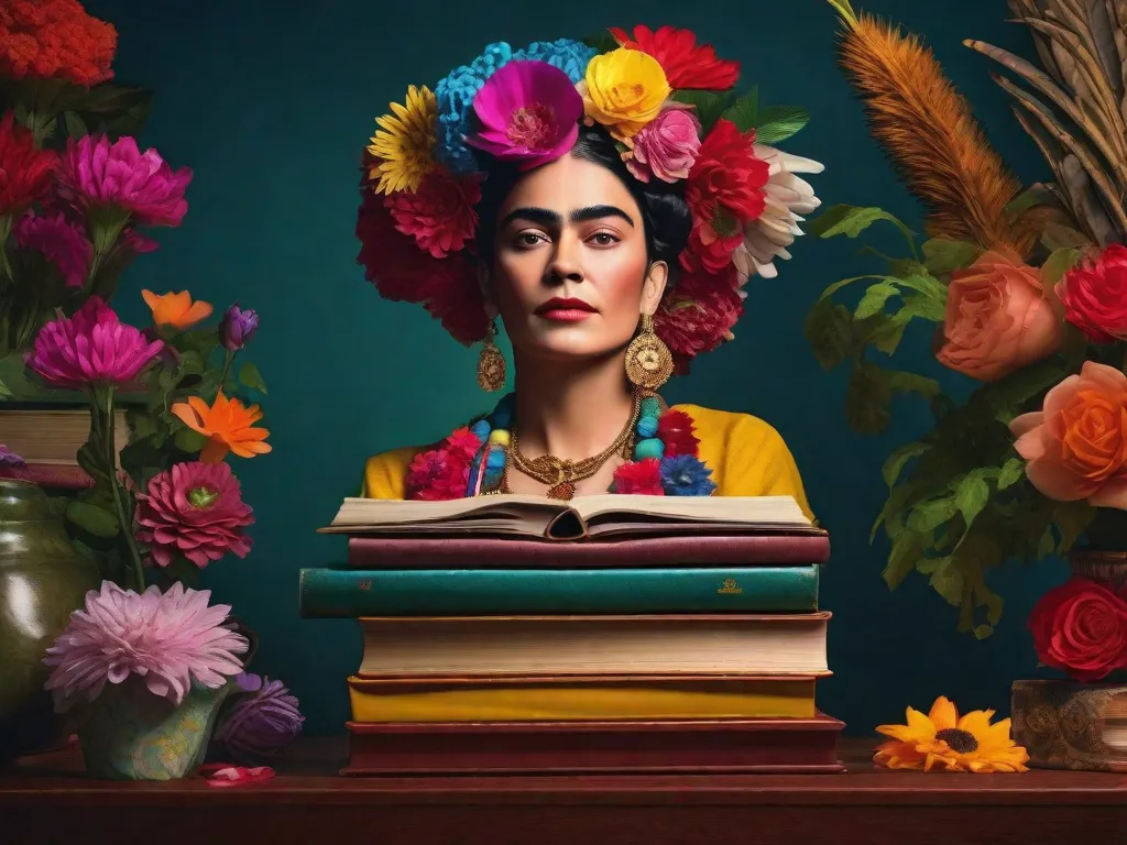 Uma imagem vibrante mostrando uma pilha de livros adornada com flores coloridas, lembrando a icônica coroa de flores de Frida Kahlo. Cada livro representa uma faceta diferente da vida, arte e lutas de Frida, convidando os leitores a mergulhar em seu mundo extraordinário através da literatura.