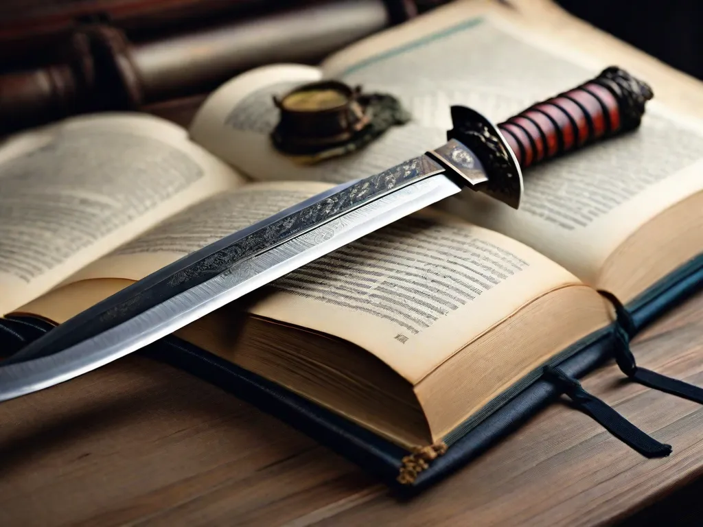 Uma imagem cativante para um post de blog sobre os livros de Hiroshi Hirata poderia ser uma fotografia em close-up de uma espada de samurai desgastada repousando sobre um livro aberto. As páginas gastas e os detalhes intricados da espada simbolizam a riqueza narrativa e a profundidade histórica encontradas nas obras de Hirata.
