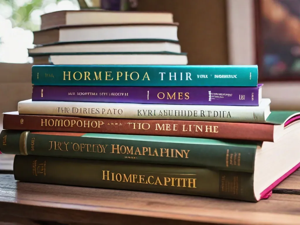Descrição da imagem: Uma fotografia em close-up de uma pilha de livros em uma mesa de madeira, mostrando títulos relacionados à homeopatia. Os livros estão organizados de forma arrumada, com capas coloridas representando vários aspectos da medicina homeopática. A iluminação suave cria uma atmosfera aconchegante e convidativa, perfeita para explorar o mundo da home