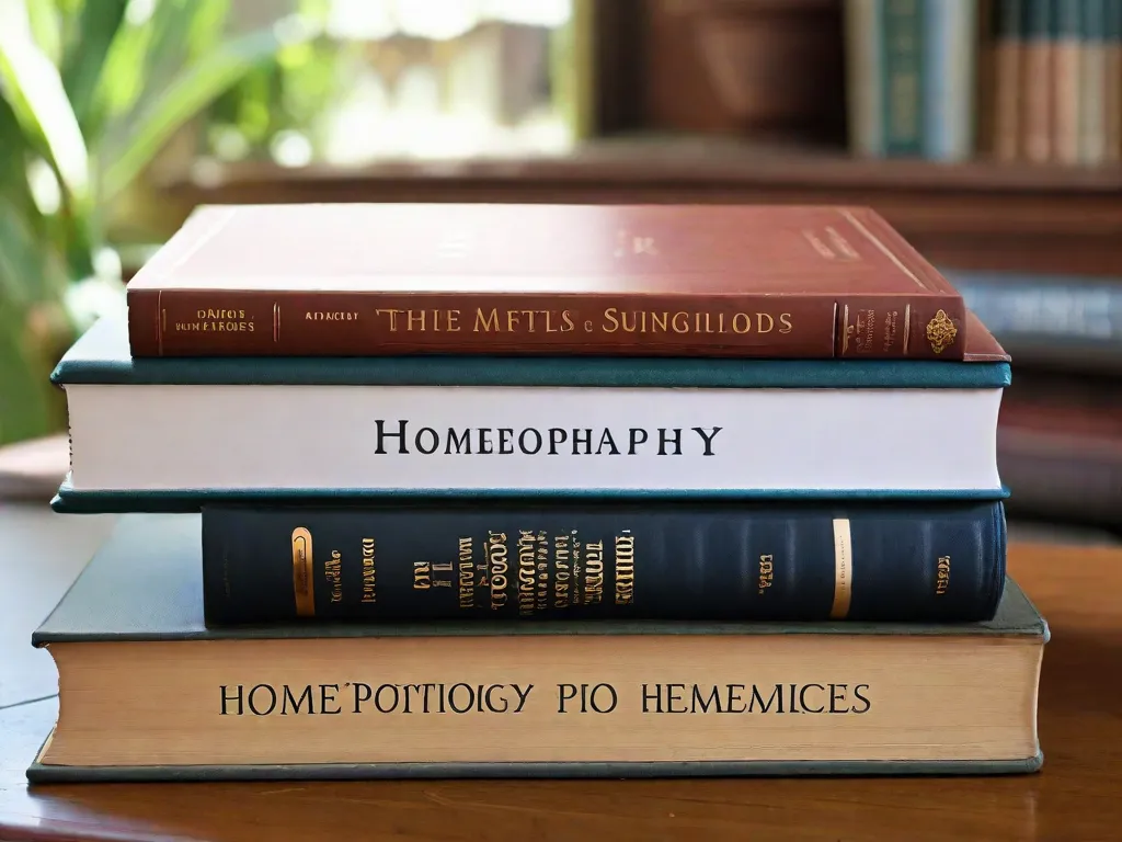 Uma imagem em close de uma pilha de livros em cima de uma mesa de madeira, destacando títulos sobre homeopatia. Os livros estão bem desgastados, com páginas marcadas e marcadores coloridos aparecendo, refletindo o conhecimento e a exploração dessa prática de medicina alternativa. A iluminação natural quente adiciona um ambiente aconchegante à cena.