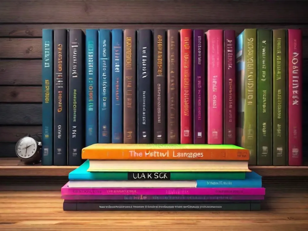 Descrição da imagem: Uma fotografia em close-up de uma pilha de livros com capas coloridas, arranjados de forma organizada em uma mesa de madeira. Os livros representam diferentes gêneros, incluindo programação, desenvolvimento web e design. Os livros de HTML e CSS se destacam proeminentemente, simbolizando o conhecimento essencial necessário para construir websites visualmente atraentes e funcionais.