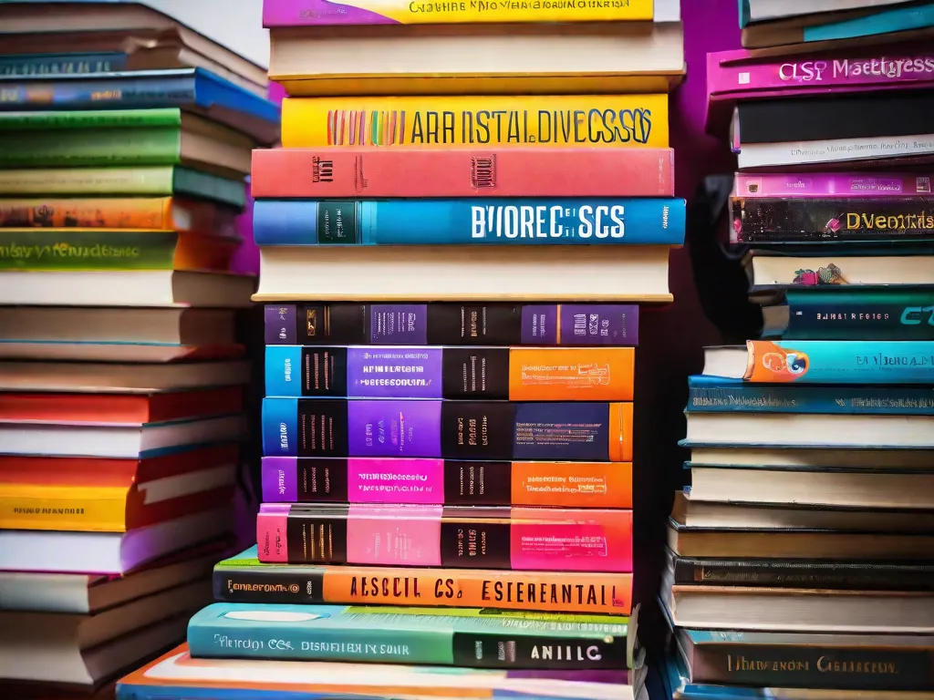 Descrição da imagem: Uma imagem vibrante mostrando uma pilha de livros com capas coloridas, representando o mundo diversificado de HTML e CSS. Cada livro representa um aspecto diferente do desenvolvimento web, com títulos como 