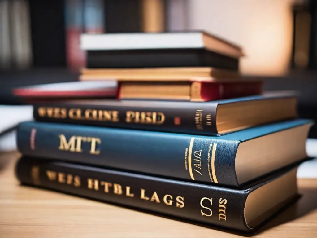 Uma imagem vibrante mostrando uma pilha de livros com capas coloridas, arranjados de forma organizada em uma mesa de madeira. Cada livro representa um aspecto diferente de HTML e CSS, com seus títulos criativamente projetados para refletir os tópicos que abordam. A imagem captura a essência de aprender essas linguagens de programação e as infinitas possibilidades que elas oferecem no desenv