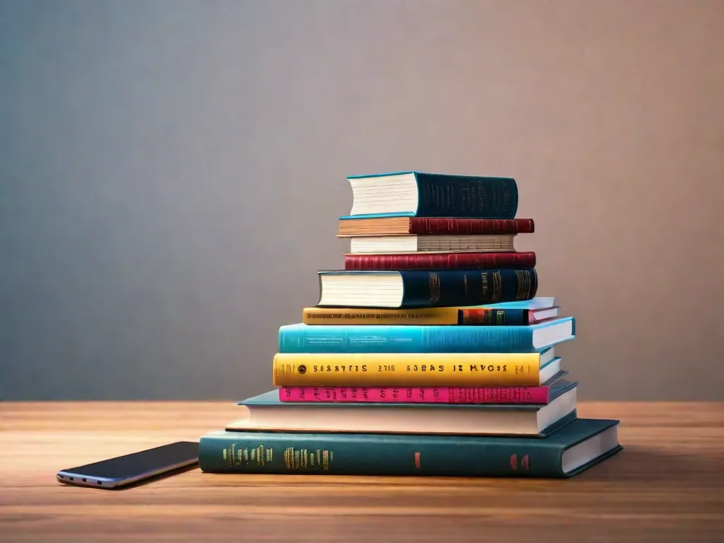 Na imagem, uma pilha de livros é inteligentemente organizada para formar a forma de uma tela de computador exibindo linhas de código JavaScript. Os livros representam o vasto conhecimento e recursos disponíveis para aprender e dominar JavaScript, simbolizando o poder e a versatilidade dessa linguagem de programação no mundo do desenvolvimento web.