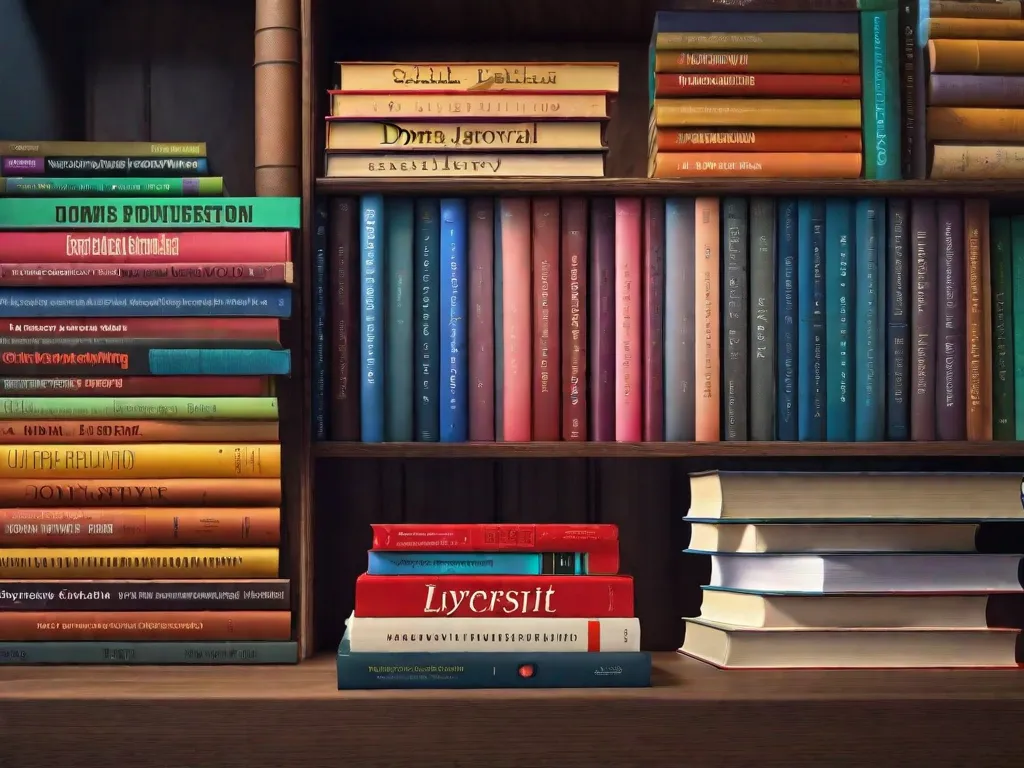 Na imagem, uma pilha de livros está organizada de forma arrumada em uma mesa de madeira. Cada livro representa um aspecto diferente do JavaScript, com suas capas coloridas exibindo tópicos como programação orientada a objetos, manipulação do DOM e manipulação de eventos. Os livros simbolizam o vasto conhecimento e as infinitas possibilidades que vêm com o domínio do JavaScript.