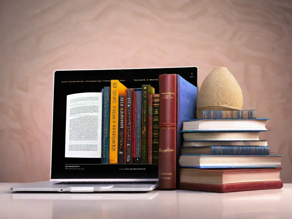 Descrição da imagem: Uma pilha vibrante de livros com títulos escritos em código JavaScript colorido. Os livros estão colocados sobre uma mesa de madeira, cercados por um laptop exibindo linhas de código. A imagem representa a interseção entre literatura e tecnologia, destacando a importância do JavaScript no mundo da programação e desenvolvimento web.
