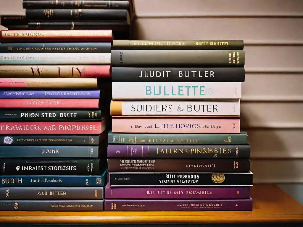 Descrição da Imagem: Uma fotografia em close-up de uma pilha de livros com o nome de Judith Butler destacado nas lombadas. Os livros estão dispostos de forma organizada, exibindo uma variedade de suas obras influentes sobre teoria de gênero e filosofia. A imagem captura a profundidade intelectual e o impacto dos escritos de Butler no discurso contemporâneo.