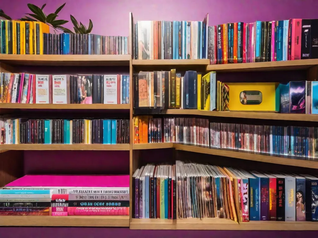 Descrição: Uma imagem vibrante que apresenta uma pilha de livros coloridos com capas de álbuns de K-pop como suas lombadas. Cada livro representa um grupo de K-pop diferente, mostrando seu estilo e música únicos. Os livros são dispostos em uma composição dinâmica, criando uma exibição visualmente cativante que celebra a fusão da literatura com a cultura do K-pop.