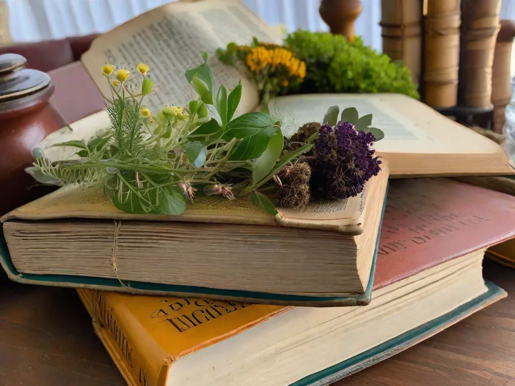 Descrição da imagem: Uma fotografia em close-up de uma mesa de madeira cheia de vários livros abertos sobre plantas medicinais. Os livros estão empilhados uns sobre os outros, mostrando suas páginas desgastadas e capas coloridas. Entre os livros, há ervas secas, folhas e flores colocadas em pequenos frascos de vidro, representando a ampla variedade de plantas medic