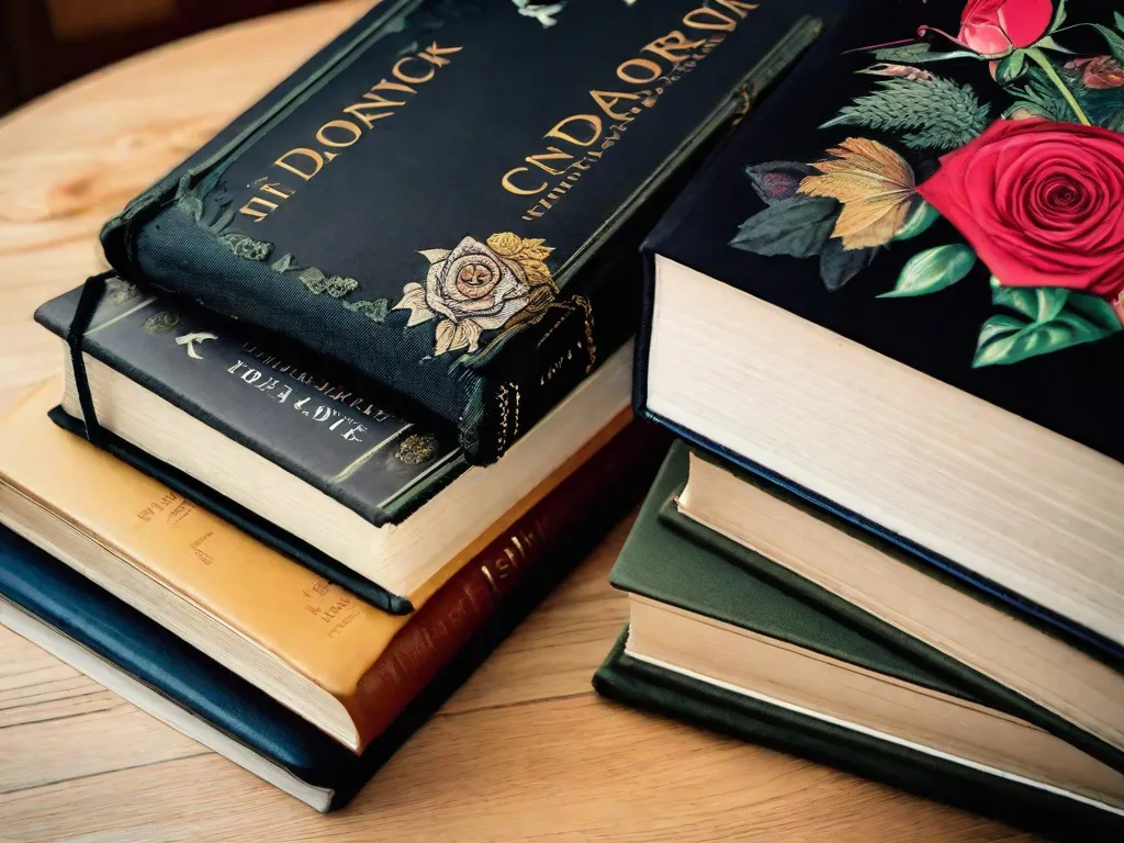 Descrição da imagem: Uma fotografia em close-up de uma pilha de três livros colocados em uma mesa de madeira. Cada livro tem uma capa distinta, representando diferentes gêneros. O primeiro livro é um emocionante romance policial com uma lupa em sua capa, o segundo livro é um romance com um buquê de rosas e o terceiro livro é uma aventura de fantasia com um dragão voando em