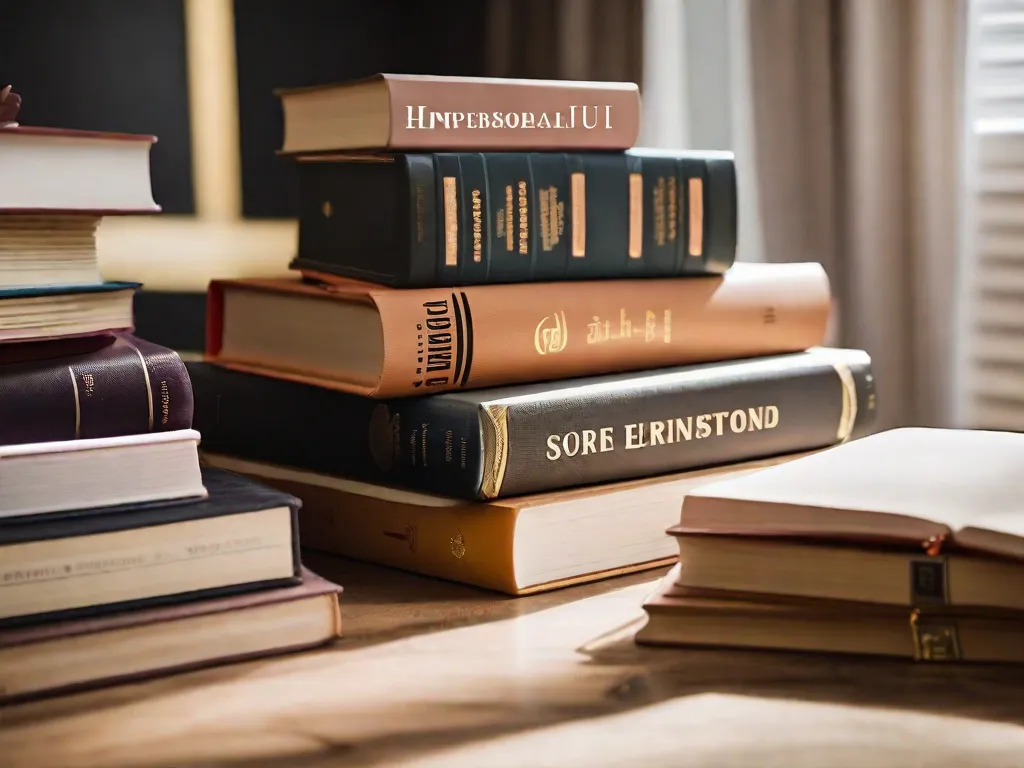 Descrição: Uma imagem que mostra uma coleção de livros empilhados de forma organizada em uma mesa de madeira. Os livros apresentam títulos inspiradores escritos por empreendedoras de sucesso, simbolizando a força, a resiliência e a determinação das mulheres no mundo dos negócios. A imagem representa o poder do conhecimento e as histórias inspiradoras dessas mulheres empreendedoras.