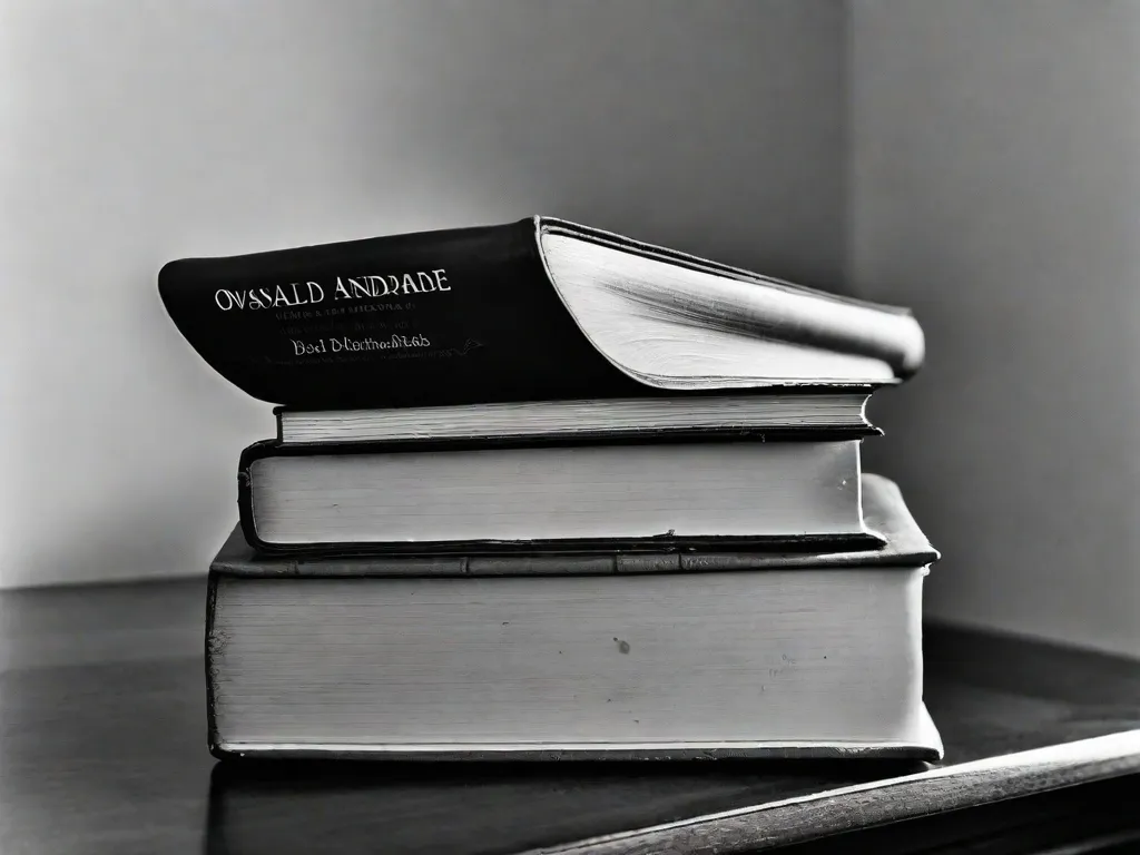 Descrição da imagem: Uma fotografia em preto e branco de uma pilha de livros, com o título
