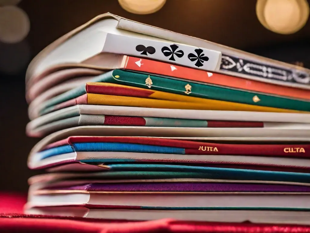 Descrição da imagem: Uma fotografia em close-up de uma pilha de livros arrumados para se assemelhar a uma mesa de pôquer. Os livros estão cuidadosamente posicionados para imitar as diferentes cartas de jogo, com suas lombadas coloridas formando os naipes de copas, diamantes, paus e espadas. É uma representação criativa da emoção e estratégia encontradas tanto nos livros quanto no
