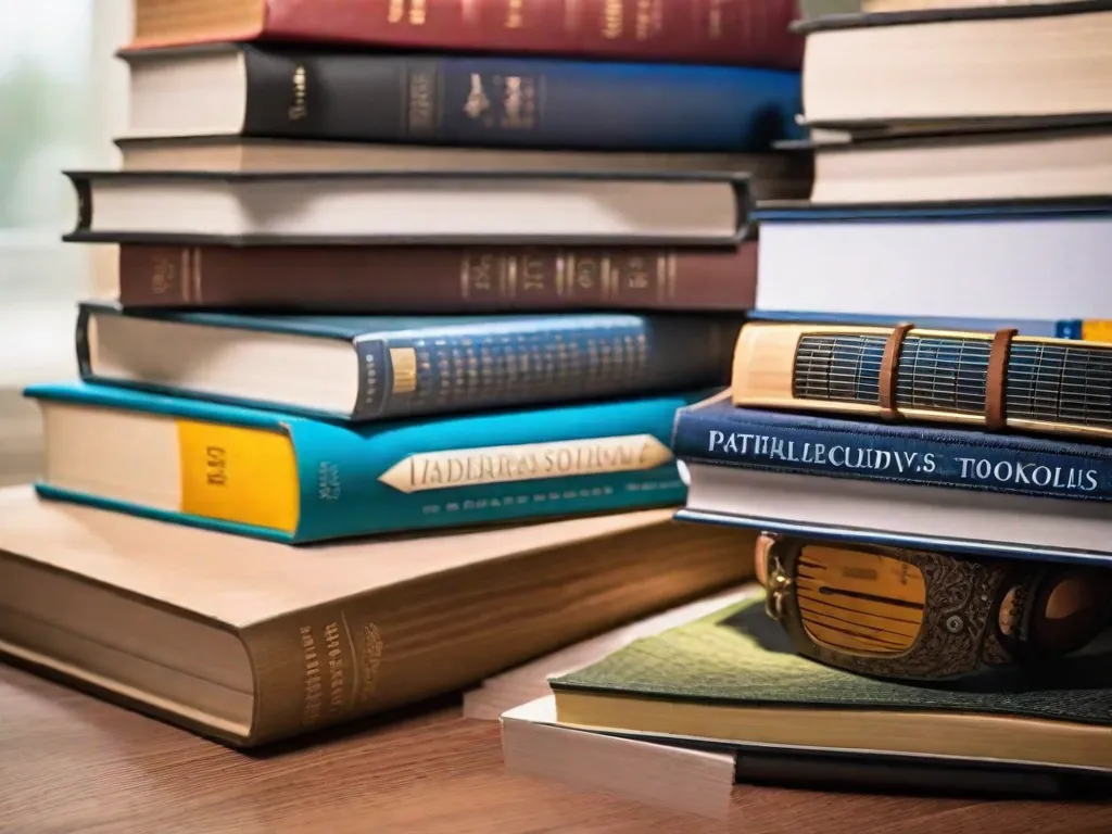 Descrição da imagem: Uma fotografia em close-up de uma pilha de livros com o título