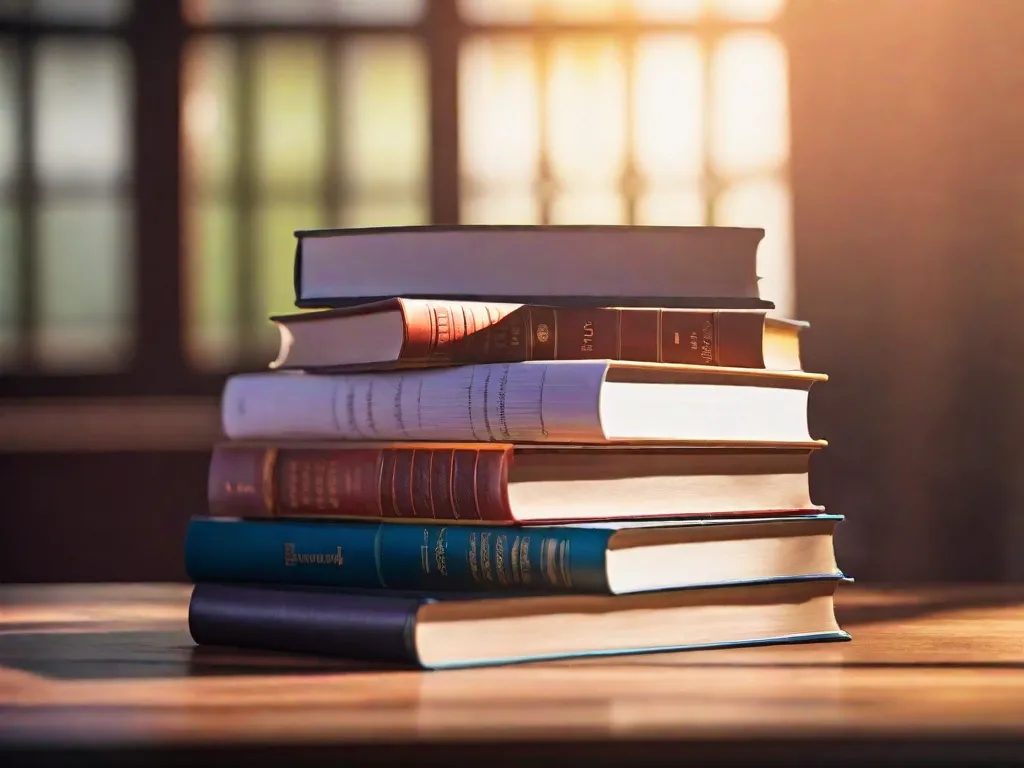 Descrição da imagem: Uma fotografia em close-up de uma pilha de livros didáticos em cima de uma mesa de madeira. Os livros estão organizados de forma arrumada e têm títulos relacionados ao pré-cálculo. A luz do sol entra por uma janela próxima, lançando um brilho quente nas páginas, convidando os leitores a mergulharem no mundo das equações matemáticas e res