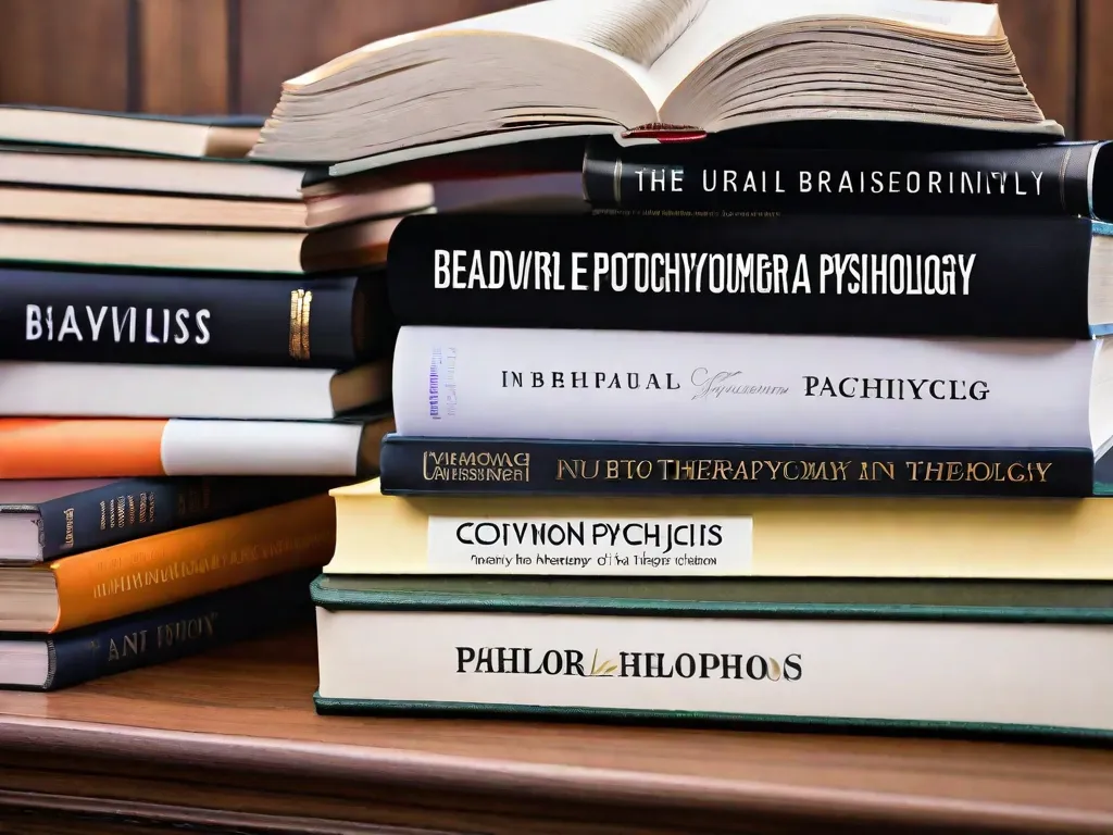 Descrição da imagem: Uma pilha de livros com capas coloridas está sobre uma mesa de madeira. Cada livro representa um aspecto diferente da psicologia comportamental, com títulos como