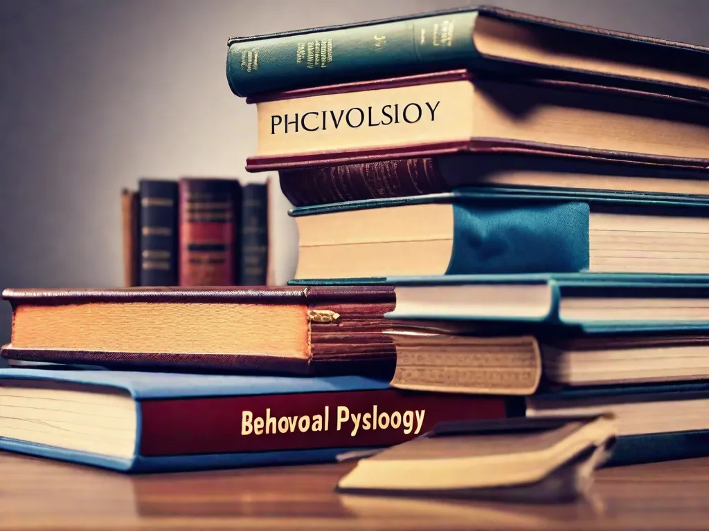 Descrição: Uma imagem em close-up de uma pilha de livros de psicologia, com títulos como