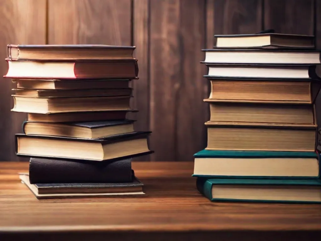 Descrição da imagem:
Uma pilha de livros em cima de uma mesa de madeira, com títulos como 