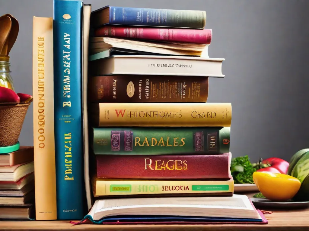 Descrição: Uma imagem vibrante que mostra uma pilha de livros de receitas coloridos, cada um deles cheio de receitas deliciosas e nutritivas. Os livros são adornados com fotografias de comida que deixam água na boca, convidando os leitores a explorar o mundo da culinária saudável e abraçar um estilo de vida saudável.