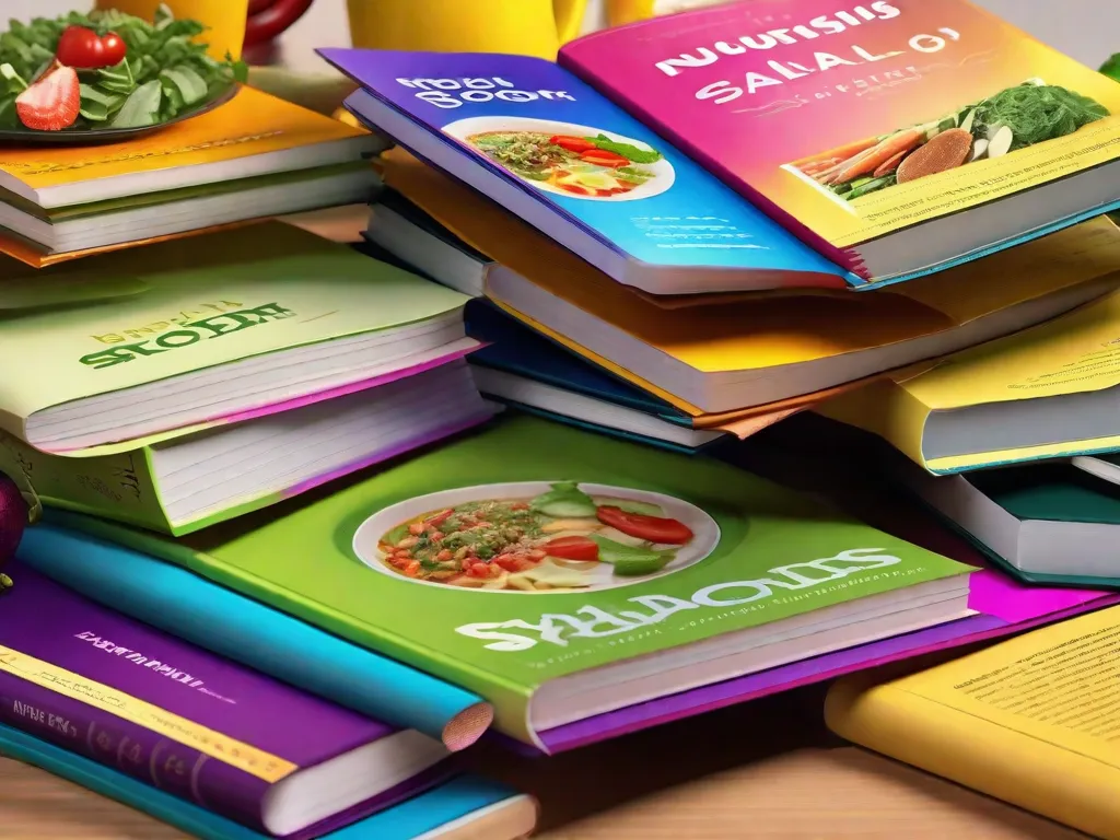 Descrição: Uma imagem vibrante mostrando uma pilha de livros de receitas coloridos cheios de ideias de refeições nutritivas e saudáveis. Os livros estão abertos, revelando imagens apetitosas de saladas nutritivas, sopas substanciais e smoothies deliciosos, inspirando os leitores a explorar o mundo da culinária saudável e abraçar um estilo de vida equilibr