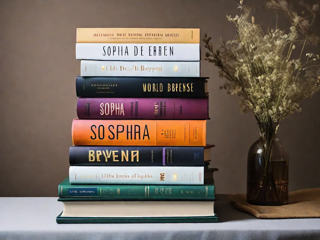 Na imagem, uma pilha de livros está em pé, exibindo as obras literárias de Sophia de Mello Breyner Andresen. Cada livro representa uma obra-prima diferente, adornada com capas vibrantes e títulos cativantes, convidando os leitores para um mundo de beleza poética e narrativas profundas. A imagem captura a essência do legado literário dela, inspirando os leitores a se