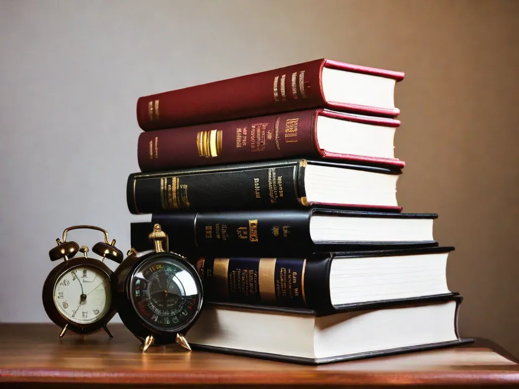 Descrição da imagem: Uma pilha de livros representando o conceito de jejum intermitente. Cada livro está rotulado com um aspecto diferente do processo de jejum, como