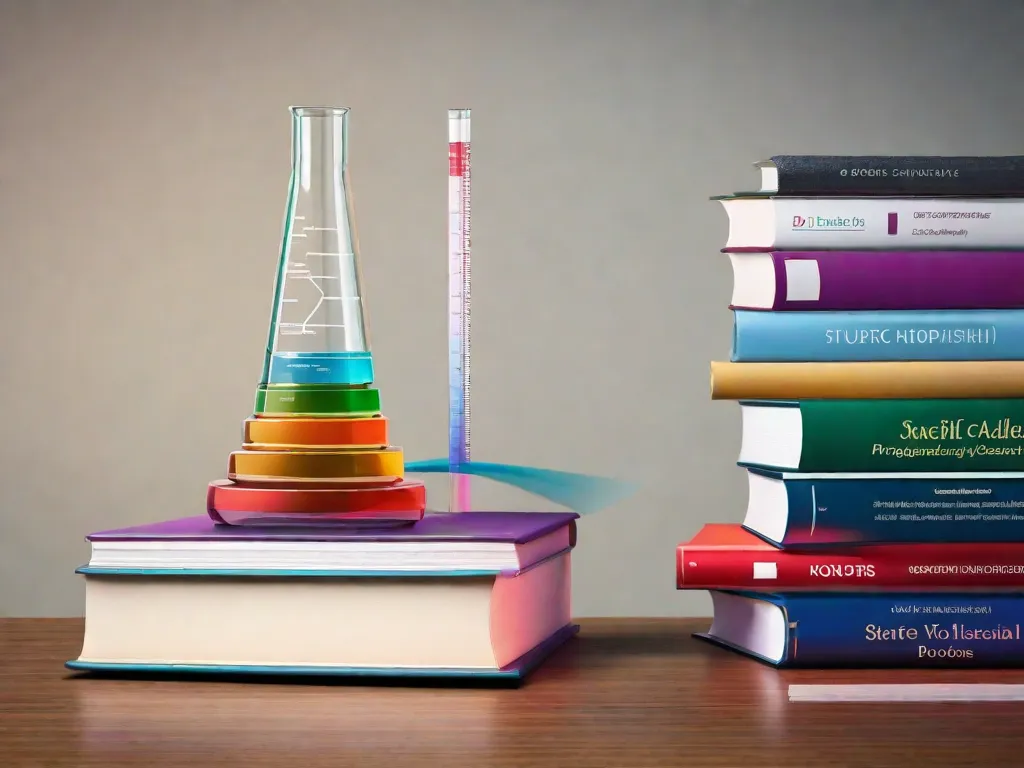 Uma imagem em close-up de uma pilha de livros, cada um representando um teste de laboratório diferente. Os livros estão abertos, revelando diagramas coloridos e gráficos que retratam vários processos científicos e análises. A imagem transmite a importância dos livros na compreensão e interpretação dos exames laboratoriais.