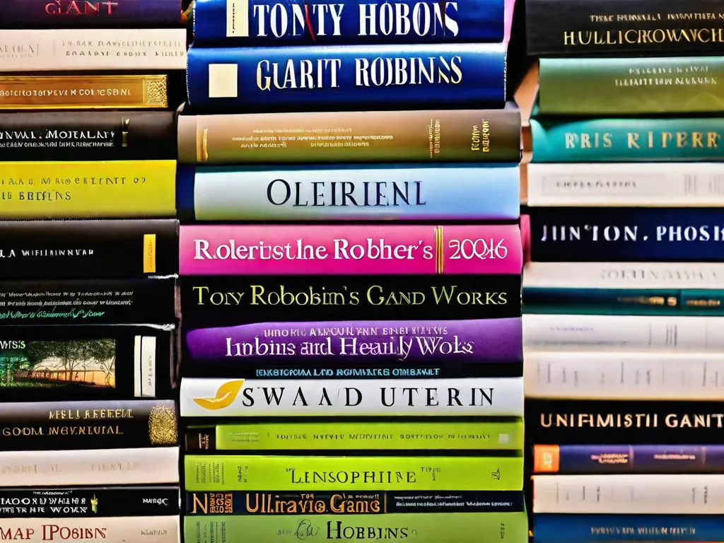 Descrição da imagem: Uma fotografia em close-up de uma pilha de livros com capas vibrantes, representando as obras inspiradoras e motivacionais de Tony Robbins. Os livros estão arrumados de forma organizada, exibindo títulos como