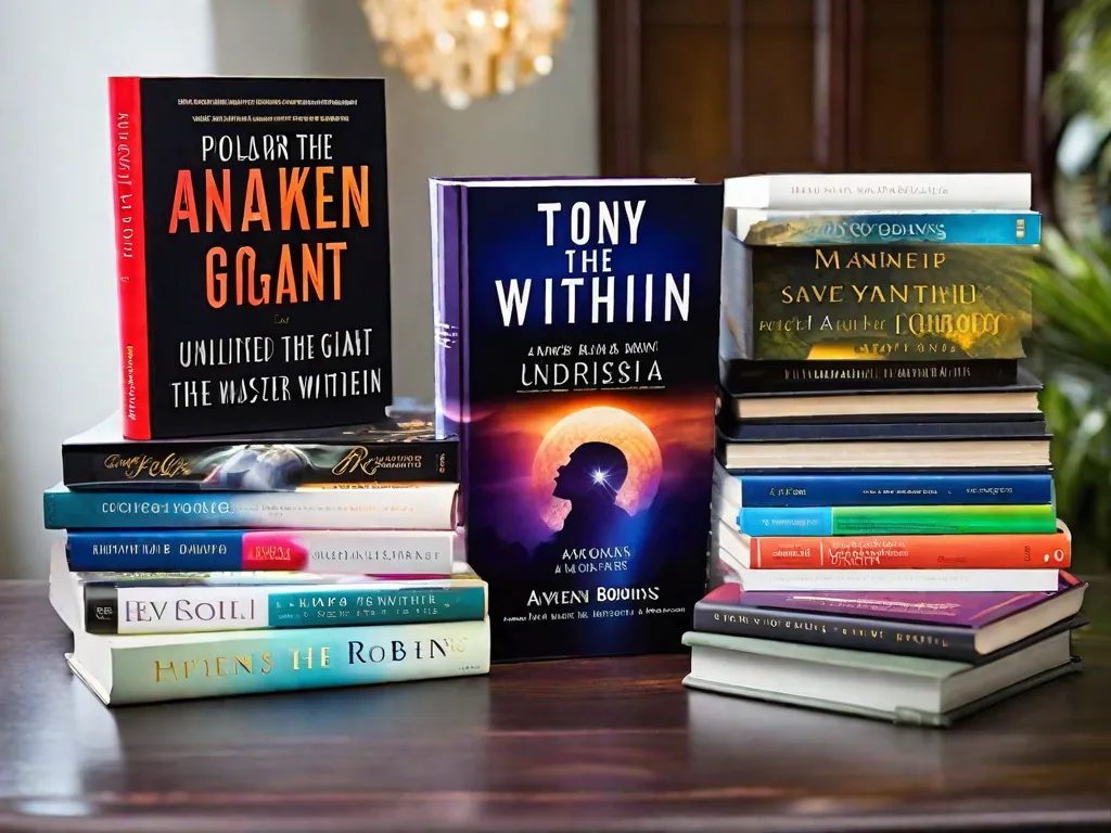 Descrição da imagem: Uma fotografia em close-up de uma pilha de livros com o nome de Tony Robbins destacado nas lombadas. Os livros estão organizados de forma arrumada, exibindo títulos como