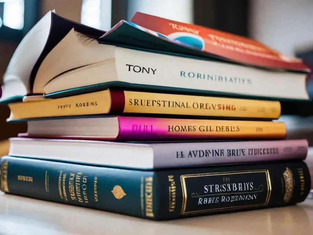 Descrição da imagem: Uma pilha de livros com os títulos populares de Tony Robbins, incluindo