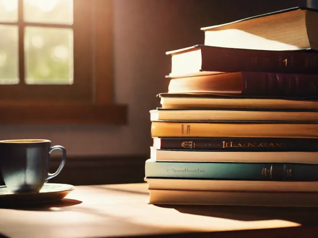 Descrição: Uma imagem em close-up de uma pilha de livros, cada um representando um gênero e assunto diferente. Os livros estão dispostos de forma a destacar suas capas vibrantes, convidando os leitores a explorar os diversos mundos e conhecimentos contidos em suas páginas.