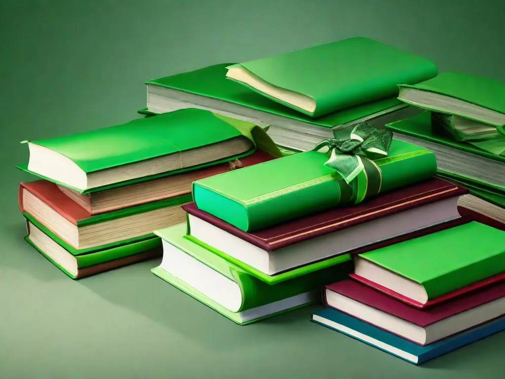 Descrição: Uma imagem de uma pilha de livros com capas verdes vibrantes, simbolizando o conceito de energia limpa. Os livros estão dispostos de forma que se assemelham a uma turbina eólica, mostrando a conexão entre o conhecimento e as fontes de energia sustentável.