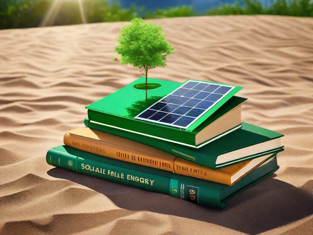 Descrição: Uma pilha de livros com capas verdes vibrantes está em cima de um painel solar, simbolizando a harmoniosa combinação de conhecimento e energia limpa. Os livros representam o poder da educação em impulsionar soluções sustentáveis, enquanto o painel solar representa o potencial da energia limpa para transformar nosso mundo para melhor.