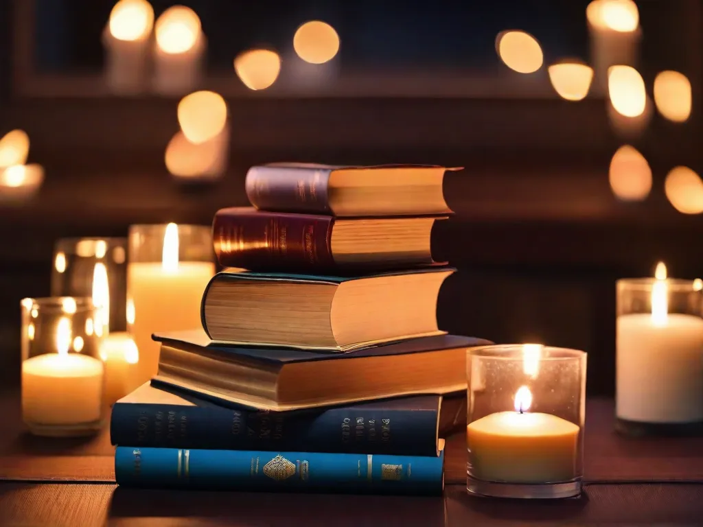 Uma imagem serena de uma pessoa praticando hot yoga, cercada por uma pilha de livros. O indivíduo está realizando graciosamente uma pose de yoga, com raios de sol entrando pelas janelas, iluminando as páginas dos livros abertos. A imagem simboliza a união harmoniosa do bem-estar físico e mental através da prática de yoga e do poder do conhecimento adquirido por meio