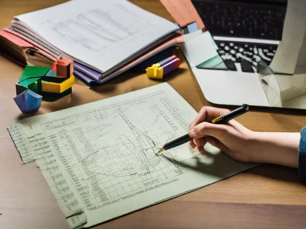Descrição: Uma imagem mostrando uma mesa cheia de várias equações matemáticas, quebra-cabeças lógicos e ferramentas de resolução de problemas. A mão de uma pessoa é vista apontando para uma equação específica, simbolizando o processo de raciocínio lógico e pensamento crítico. A imagem representa o tema