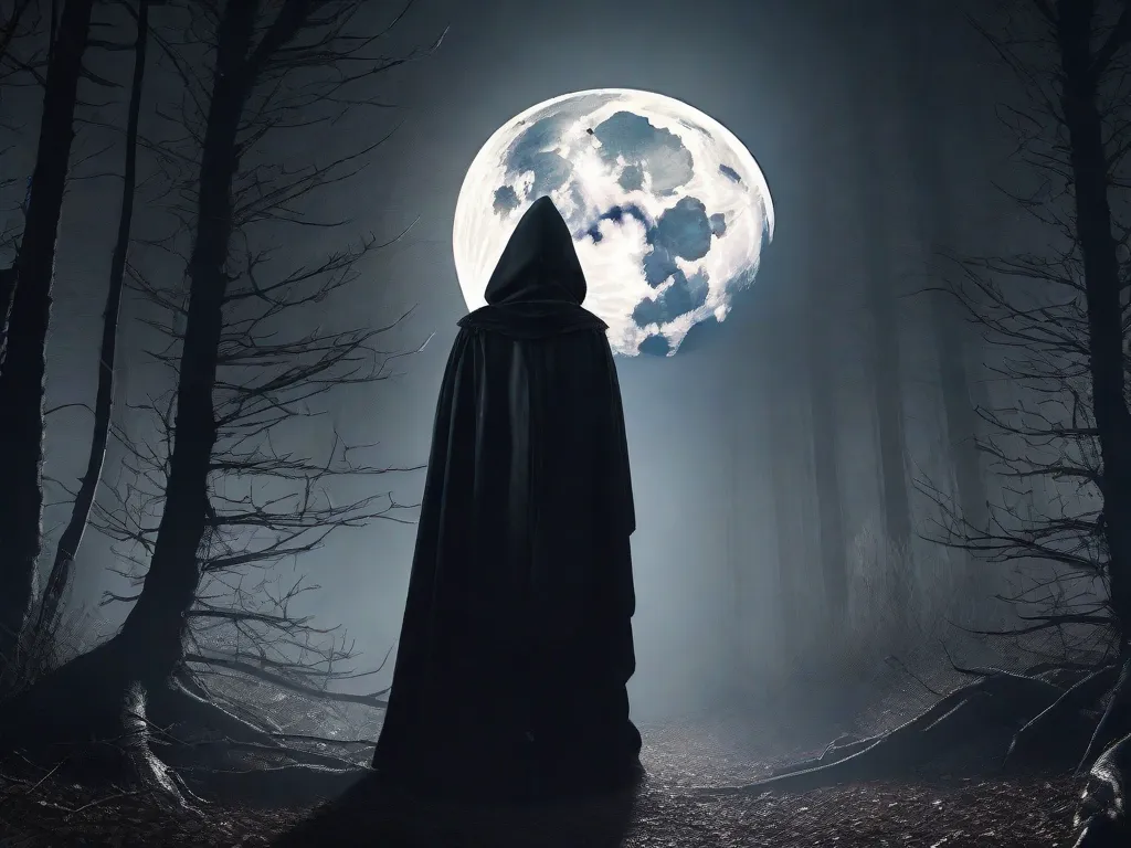 Descrição da imagem: Uma lua cheia assustadoramente bela ilumina uma floresta desolada, lançando sombras sinistras nos galhos retorcidos e na densa vegetação rasteira. A atmosfera sinistra é intensificada pela presença de uma figura solitária, envolta em escuridão, parada de forma ameaçadora à beira da floresta.