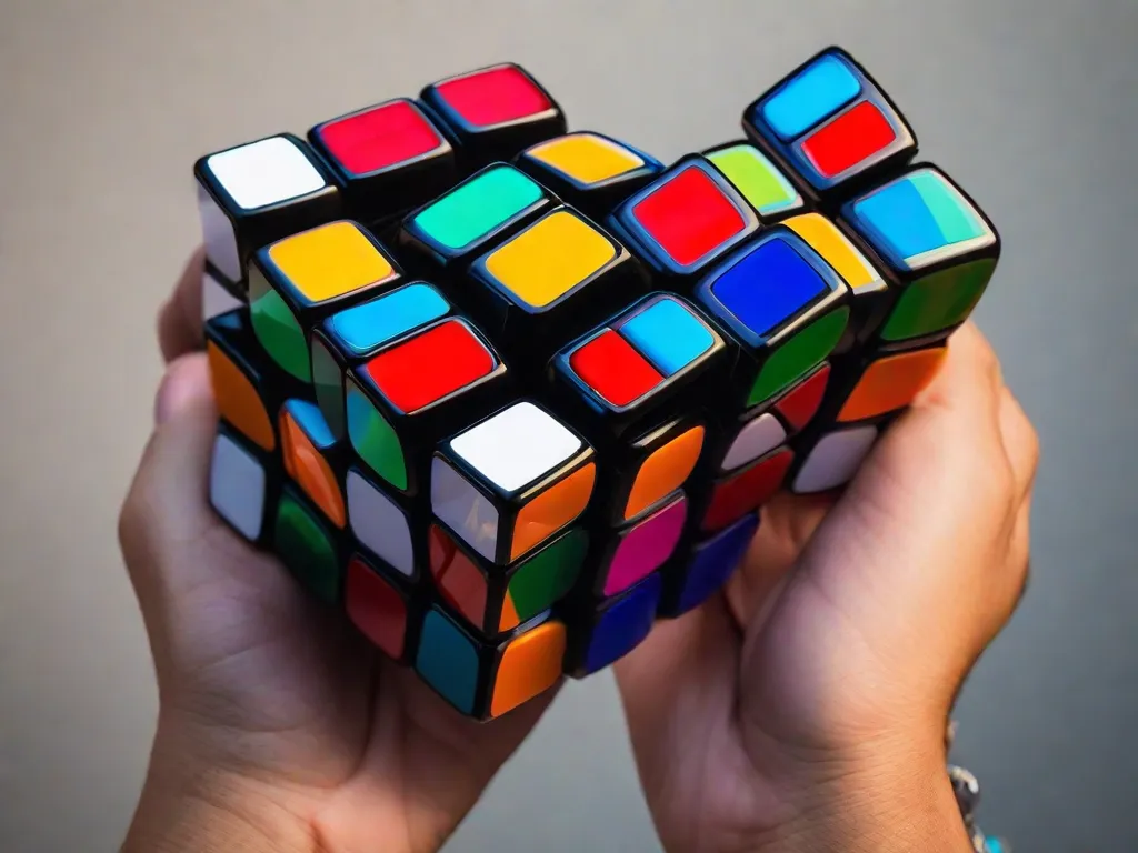 Descrição da imagem: Um close-up de uma mão segurando um Cubo de Rubik. O cubo colorido está parcialmente resolvido, com diferentes seções do cubo mostrando cores diferentes. Os dedos da pessoa estão posicionados estrategicamente, indicando sua intenção de resolver o quebra-cabeça usando raciocínio lógico.