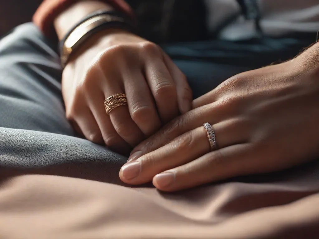 Uma imagem em close de duas mãos entrelaçadas, mostrando a conexão íntima entre duas pessoas em um relacionamento romântico. Os dedos estão delicadamente entrelaçados, simbolizando confiança, apoio e afeto. A imagem captura a essência de uma parceria amorosa e comprometida.