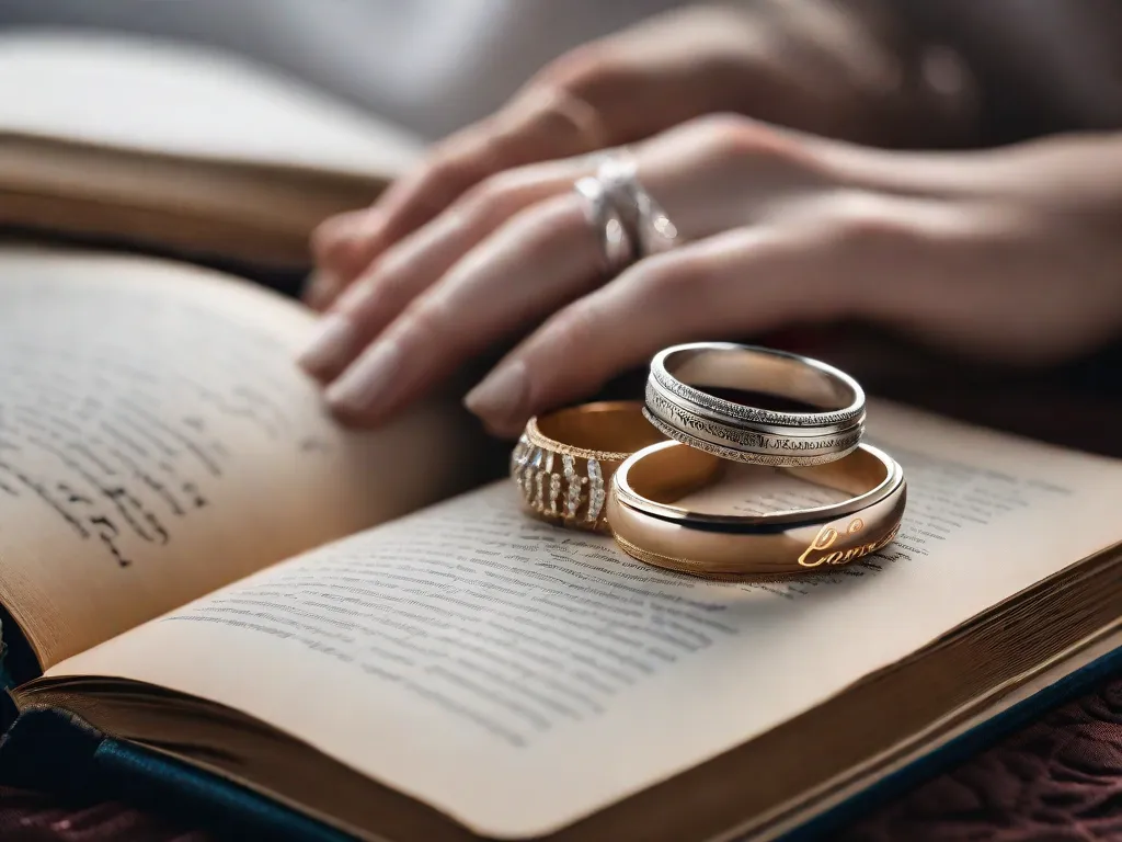 Uma foto de duas mãos entrelaçadas, adornadas com delicados anéis de prata, repousando sobre um livro aberto com páginas desgastadas. O título do livro,
