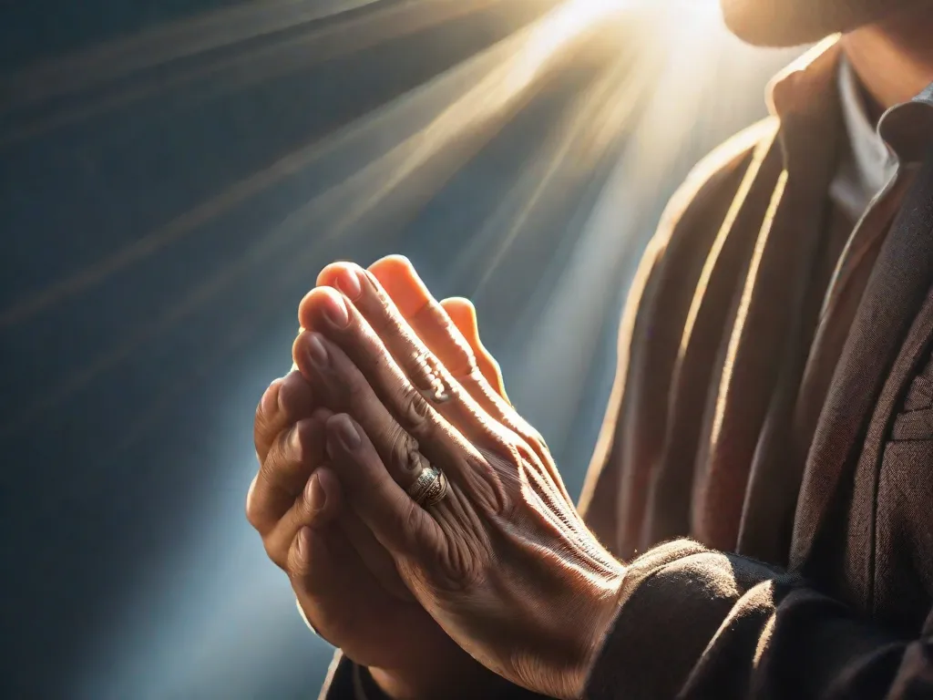 Uma imagem em close das mãos entrelaçadas em oração, com raios de sol atravessando os espaços entre os dedos. A imagem captura a essência da espiritualidade e devoção, simbolizando a conexão entre os seres humanos e sua fé.