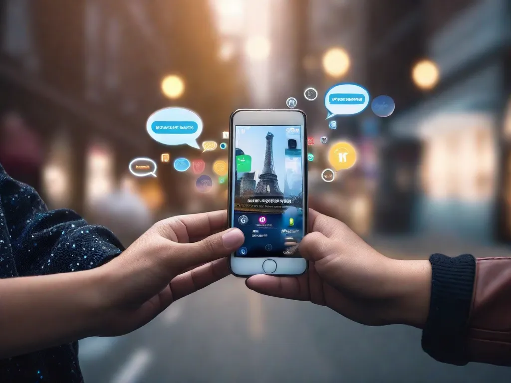 Uma imagem em close-up de duas mãos segurando smartphones, com balões de mensagens aparecendo nas telas. Os balões de mensagens contêm vários ícones e símbolos representando diferentes formas de comunicação, como chamadas telefônicas, videochamadas, e-mails e notificações de mídia social. A imagem simboliza as diversas maneiras pelas quais nos comunicamos na era digital.