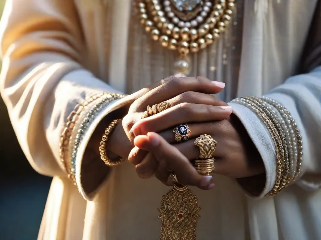 Uma imagem em close das mãos unidas em oração, com a luz do sol atravessando os vãos entre os dedos. As mãos estão adornadas com delicadas pulseiras e anéis, simbolizando a diversidade e a união de diferentes crenças religiosas se unindo em harmonia pacífica.