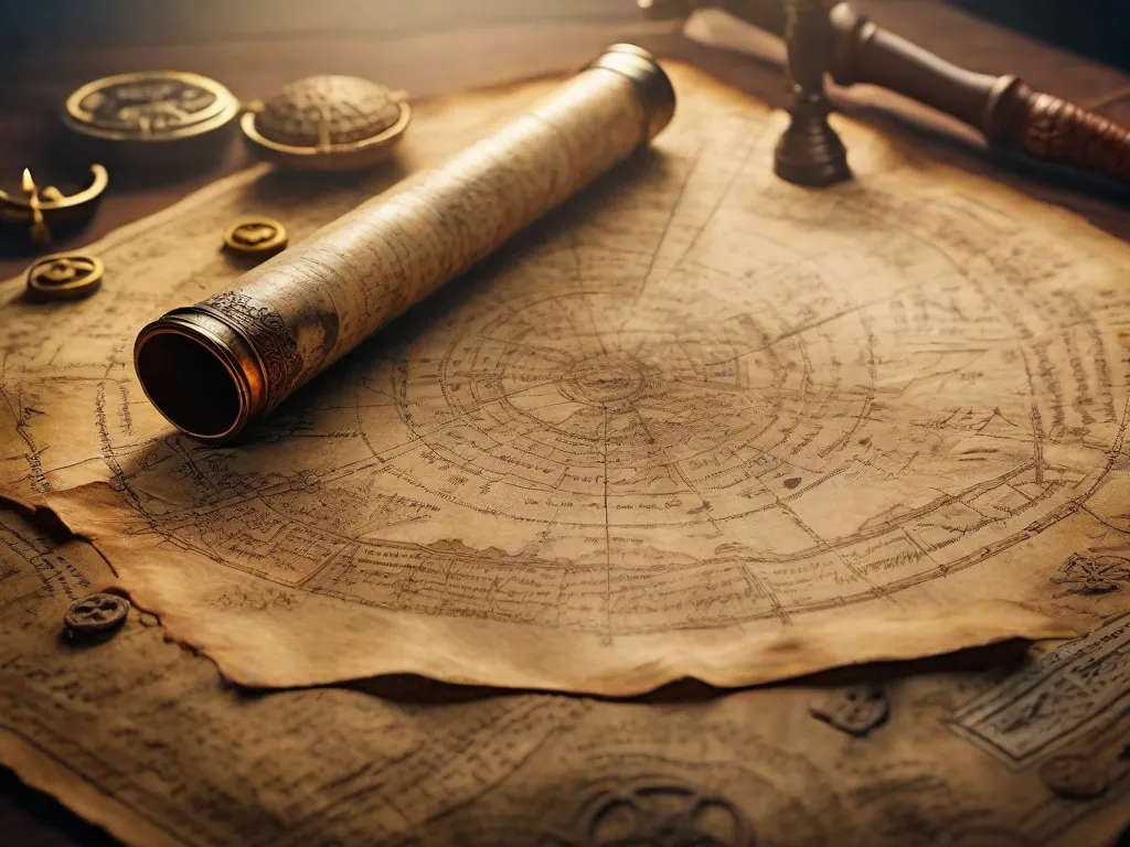 Uma imagem em close de um antigo mapa do tesouro desgastado pelo tempo, com símbolos intricados e marcas misteriosas, levando a um destino desconhecido. O pergaminho desbotado sugere segredos incontáveis e tesouros escondidos esperando para serem descobertos, cativando a imaginação daqueles que ousam resolver o enigma.